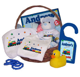 C06178 - New Baby "All Aboard Baby Train" Personalized Deluxe Gift Basket